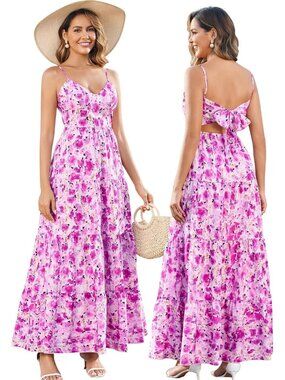 Women's Purple Boho Floral Maxi V-Neck Backless Tie Strap Flowy Sundress